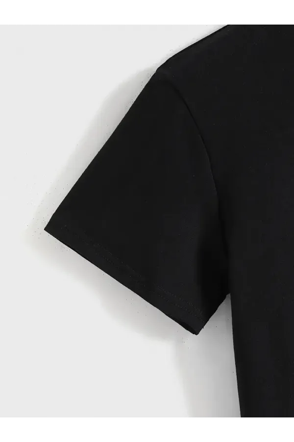 20/1 Penye Compack Baskılı Oversize Kısa Kol Bisiklet Yaka T-shirt - Siyah