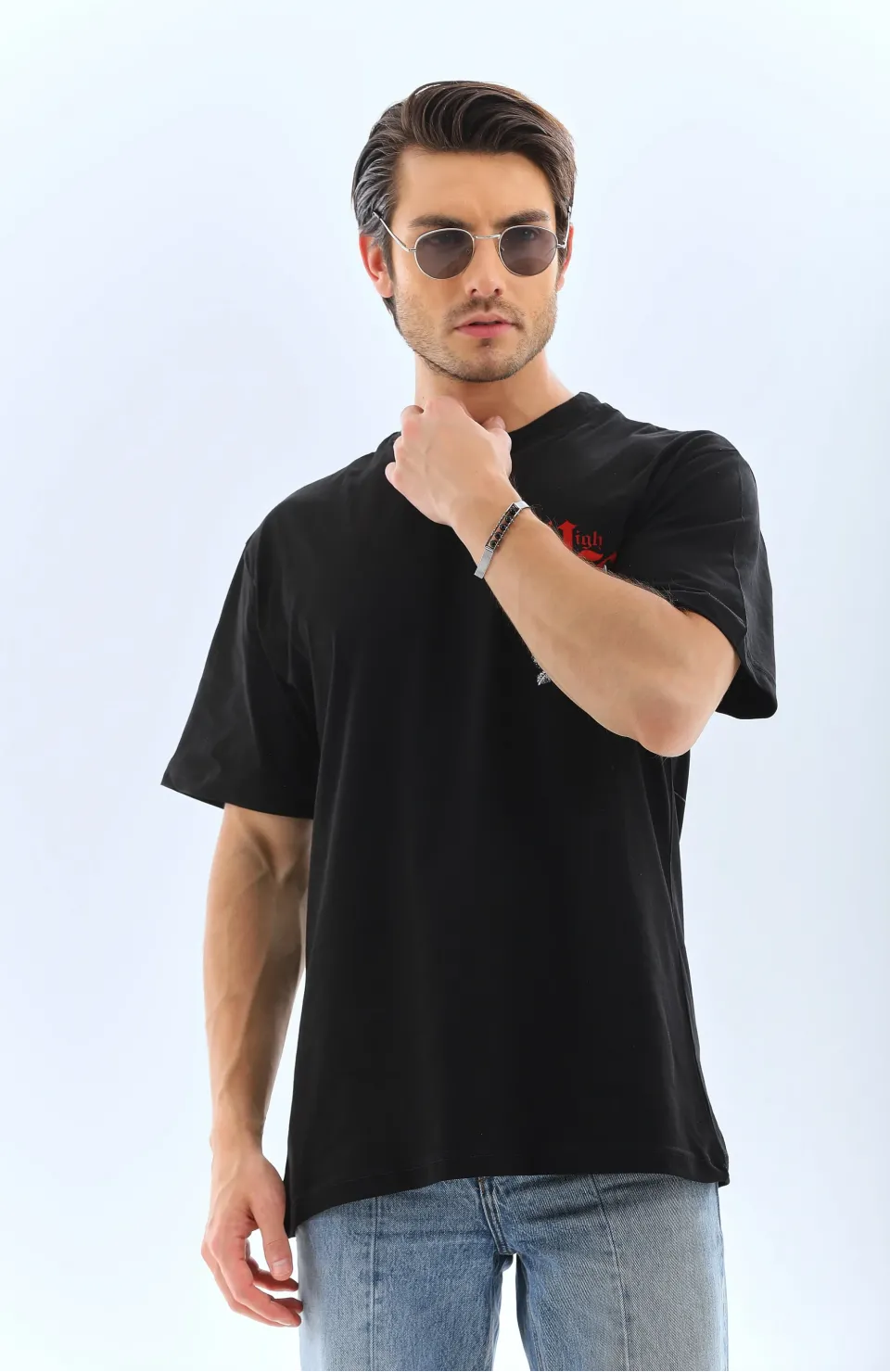 Unisex Oversize Baskılı Bisiklet Yaka T-Shirt - Siyah