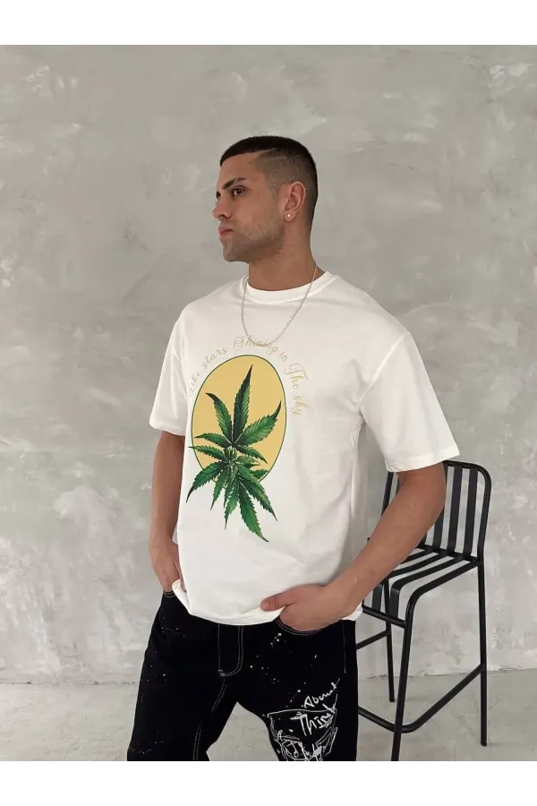 Ön ve Arka Baskılı Oversize Bisiklet Yaka T-shirt- Beyaz