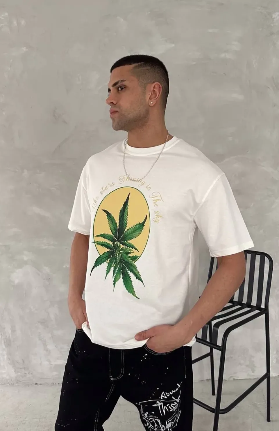 Ön ve Arka Baskılı Oversize Bisiklet Yaka T-shirt- Beyaz