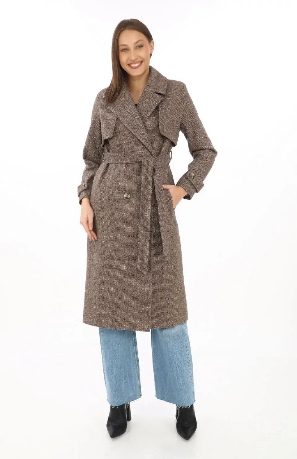 Kadın Balık Sırtı Kaşmir Uzun Kaşe Kaban - Vizon