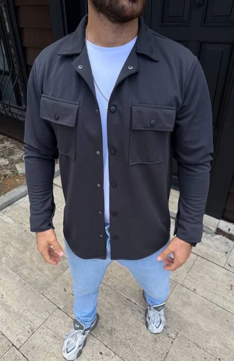 Erkek Diagonal Kumaş Cepli Çıtçıtlı uzun Kollu, Gömlek Oversize Rahat Kalıp Günlük Şık Stil - Füme