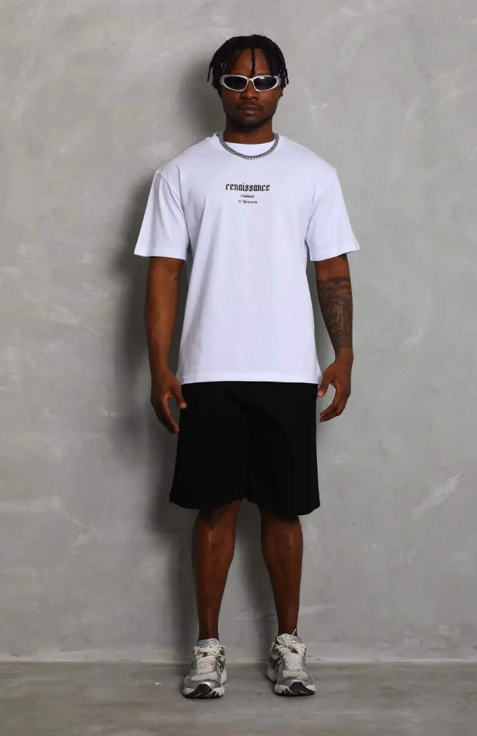 Unisex Oversize Baskılı Bisiklet Yaka T-Shirt - Beyaz