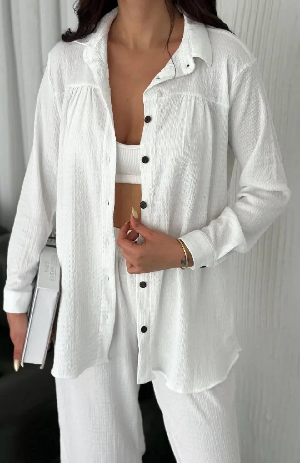 Yakalı Düğmeli Uzun Kollu Gömlek Pantolon ikili Takım - Beyaz