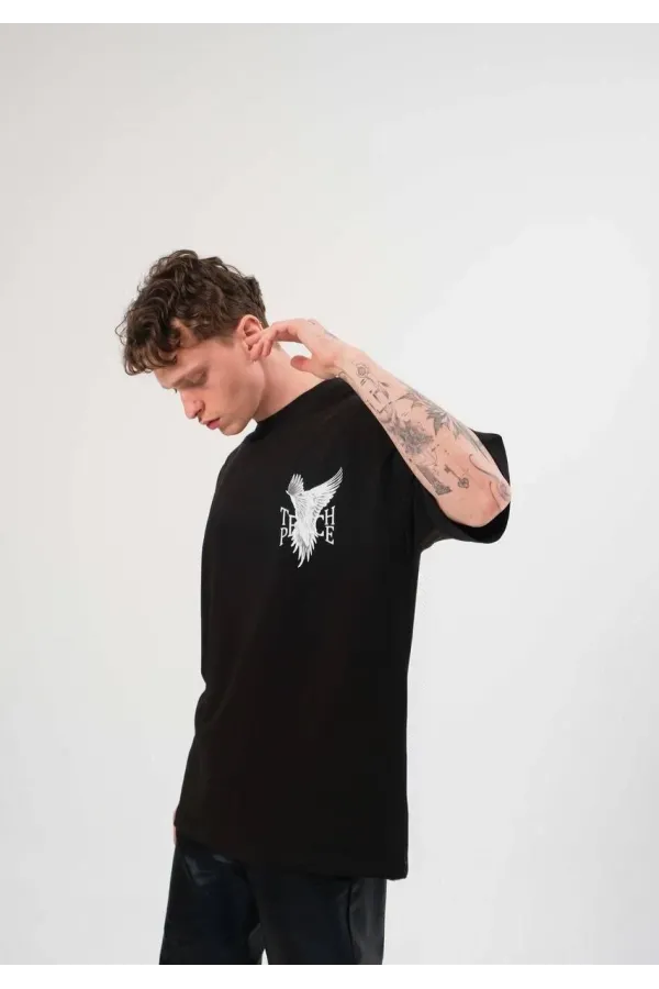 Unisex Bisiklet Yaka Baskılı Oversize T-Shirt - Siyah