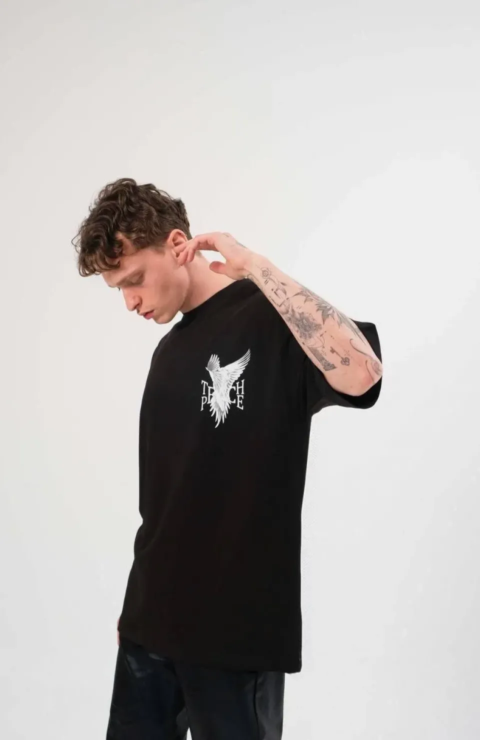 Unisex Bisiklet Yaka Baskılı Oversize T-Shirt - Siyah