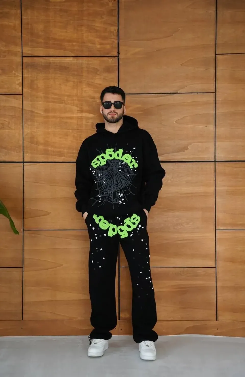 Erkek Kapüşonlu Eşofman Takım Örümcek Ağı ve Neon Yeşil Baskılı Kanguru cepli Oversize Rahat Kalıp, Premium Üç İplik Kumaş - Siyah