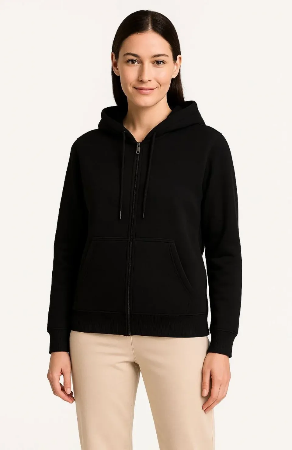 Kadın Üç İplik Kapüşonlu Tam Fermuarlı Kanguru Çepli SweatShirt Hoodie - Siyah