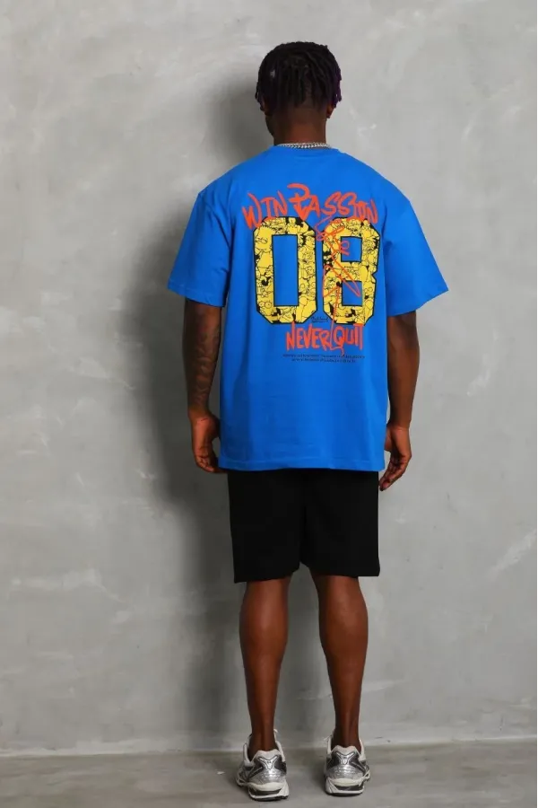 Unisex Oversize Baskılı Bisiklet Yaka T-Shirt - Mavi