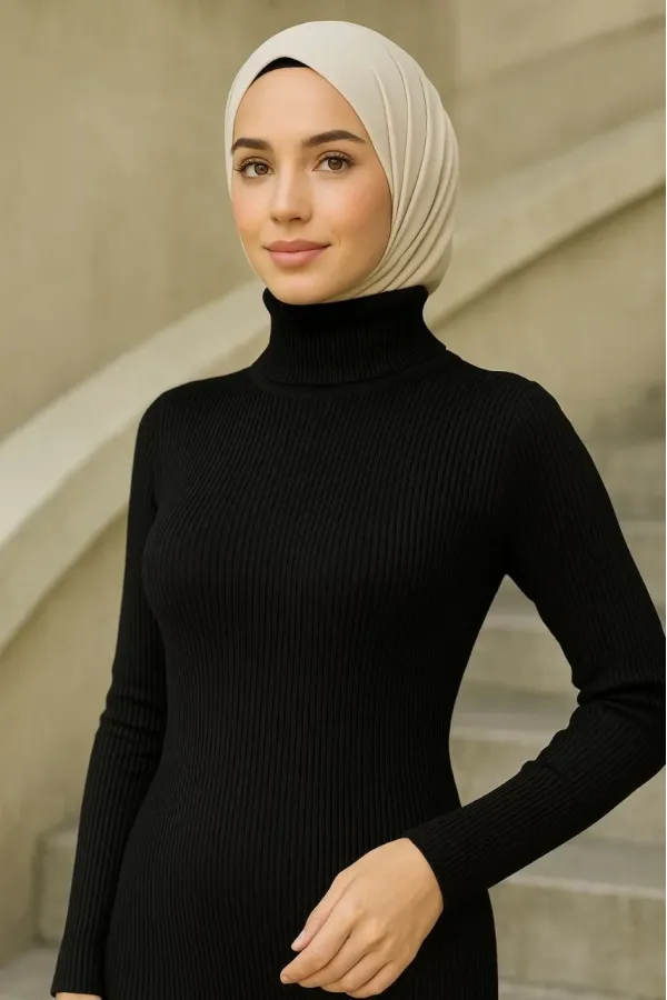 Kadın Tesettür Triko Elbise – Boğazlı Uzun Fitilli Dokuma, Esnek Tam Kalıp, 130 cm Midi Boy, Bahar & Kış Şık Rahat Stil - Siyah