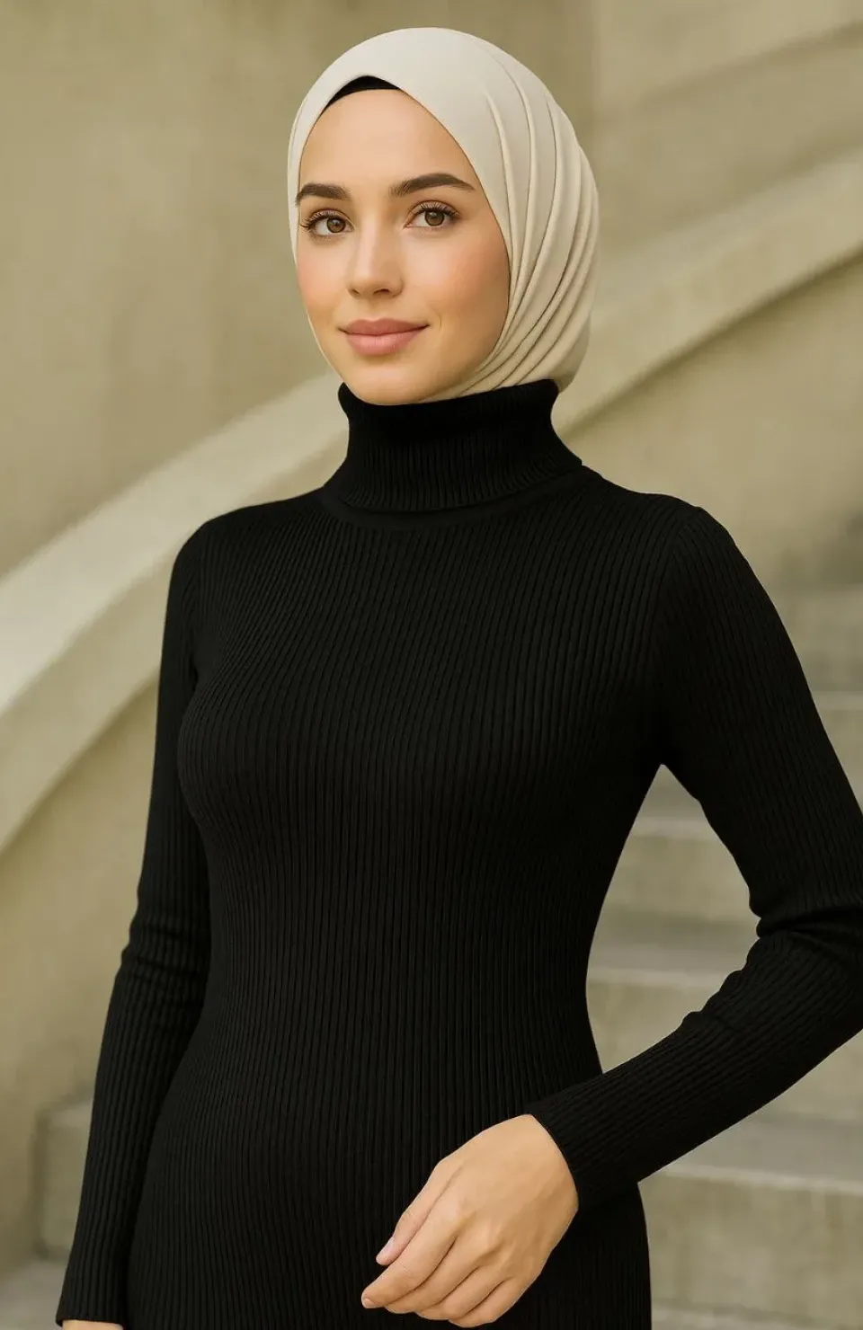 Kadın Tesettür Triko Elbise – Boğazlı Uzun Fitilli Dokuma, Esnek Tam Kalıp, 130 cm Midi Boy, Bahar & Kış Şık Rahat Stil - Siyah