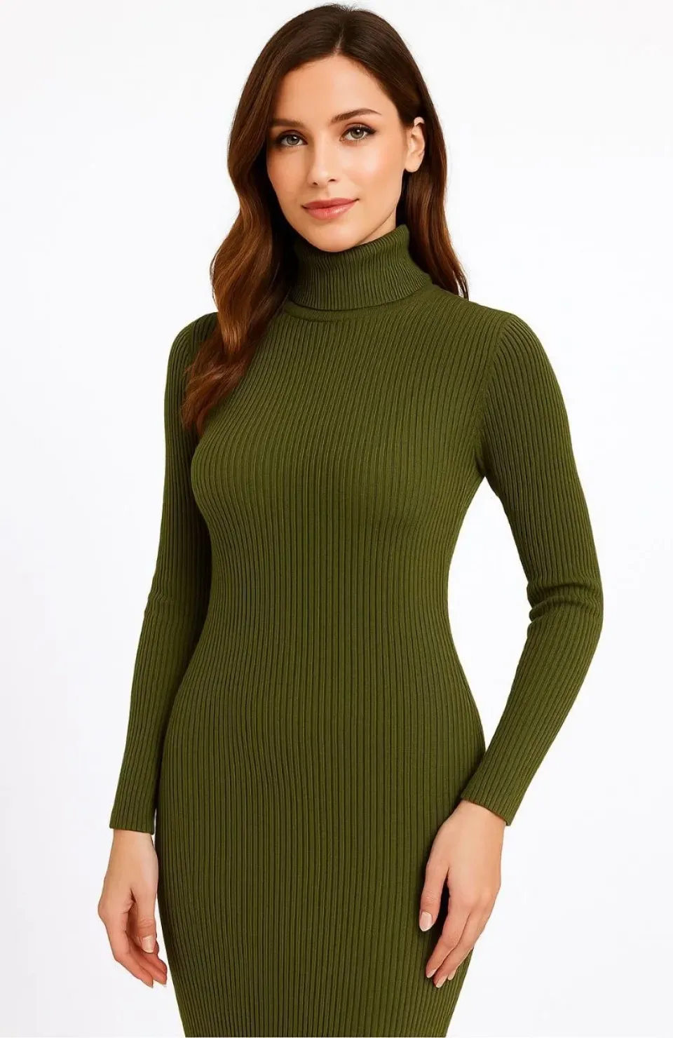 Kadın Boğazlı Triko Elbise – Uzun Fitilli Esnek Dokuma, Tam Kalıp, Kışlık & Baharlık Şık Rahat Stil, 130 cm Midi Boy Elbise - Haki