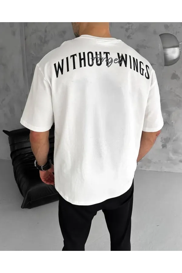 Unisex Bisiklet Yaka Baskılı Oversize T-Shirt - Beyaz