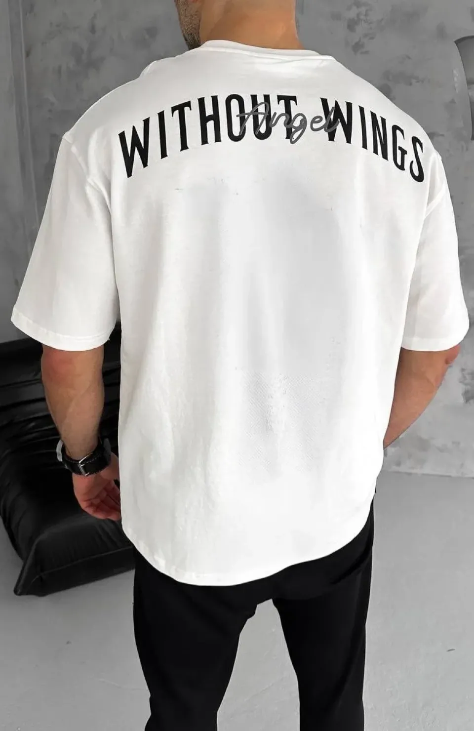 Unisex Bisiklet Yaka Baskılı Oversize T-Shirt - Beyaz