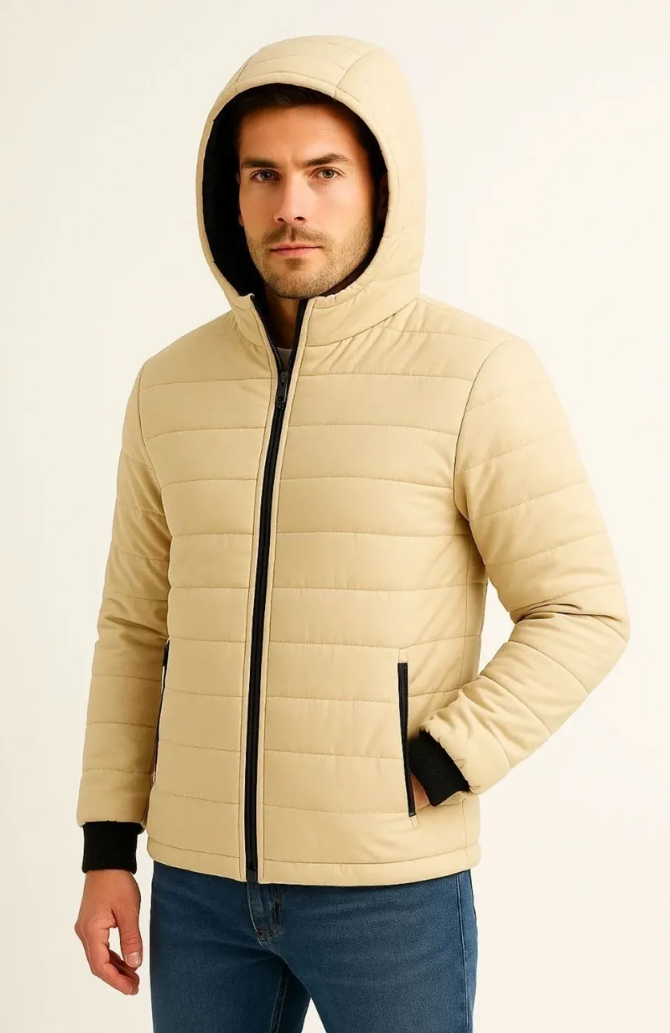 Erkek Şişme Kapüşonlu Fermuarlı Mont Su itici Kapitone Astarlı Kumaş Cepli Kışlık Rahat Kalıp - Bej Somersan Giyim | Kadın, Erkek ve Çocuk Moda