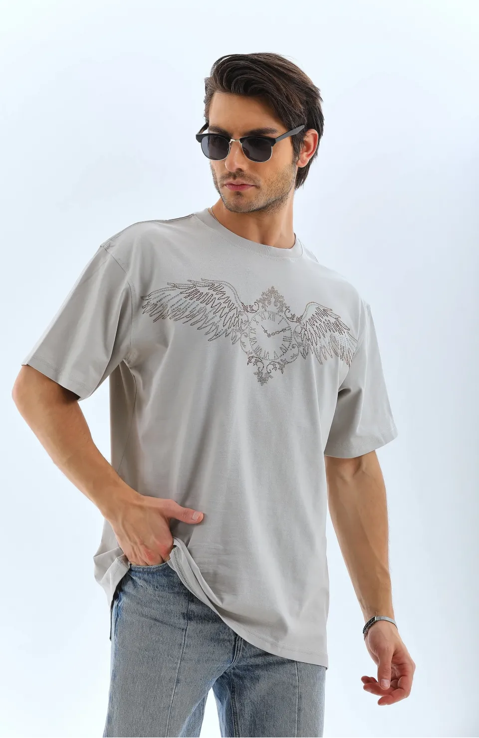 Unisex Oversize Taşlı Bisiklet Yaka T-Shirt - Gri