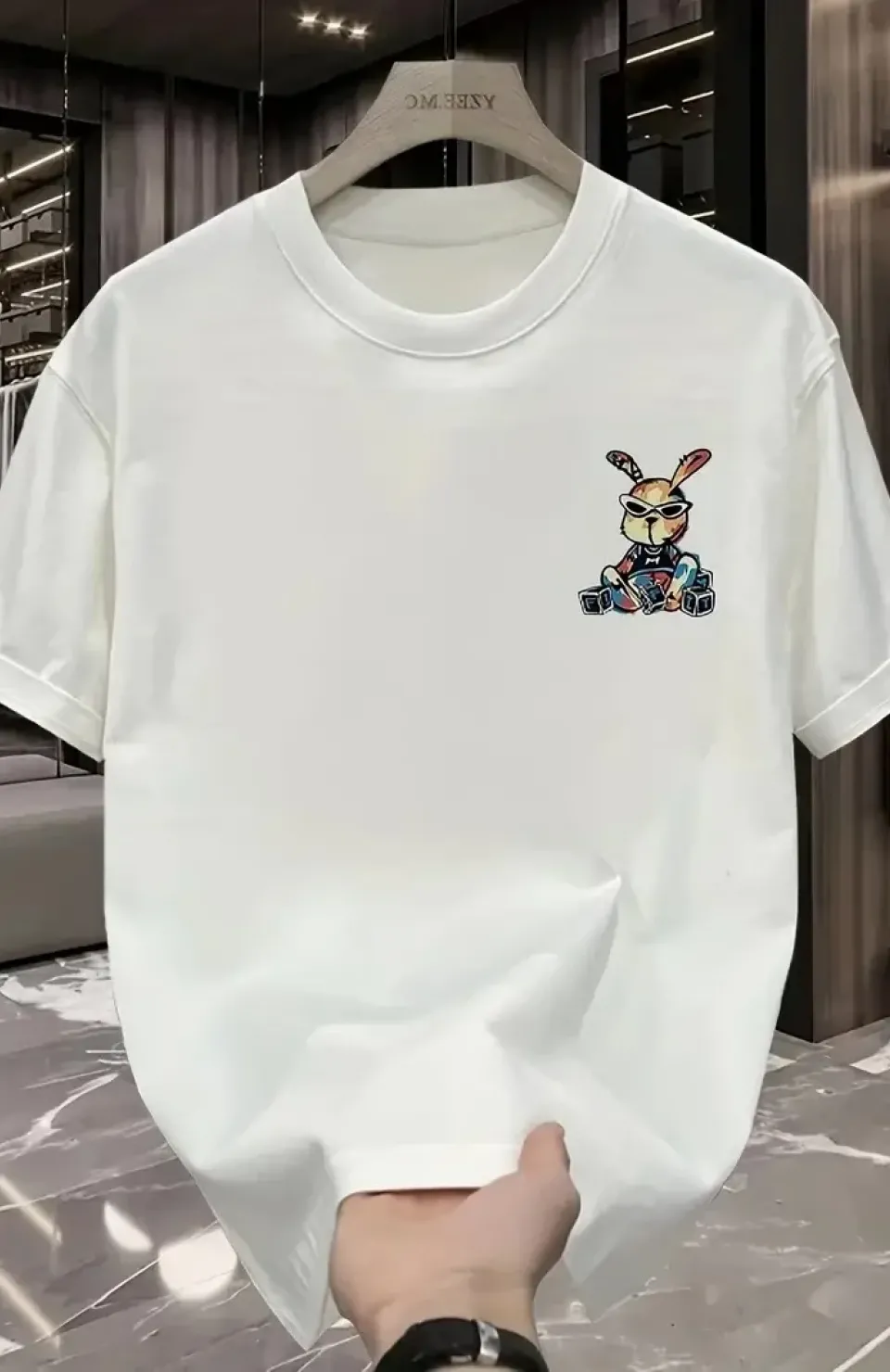 Güneş Gözlüğü Grafikli Karikatür Tavşan Oversize Kısa Kollu Tişört Çift Tişört, İlkbahar Ve Yaz - Beyaz