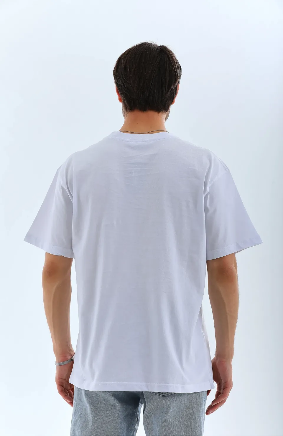 Unisex Oversize Düz Bisiklet Yaka T-Shirt - Beyaz