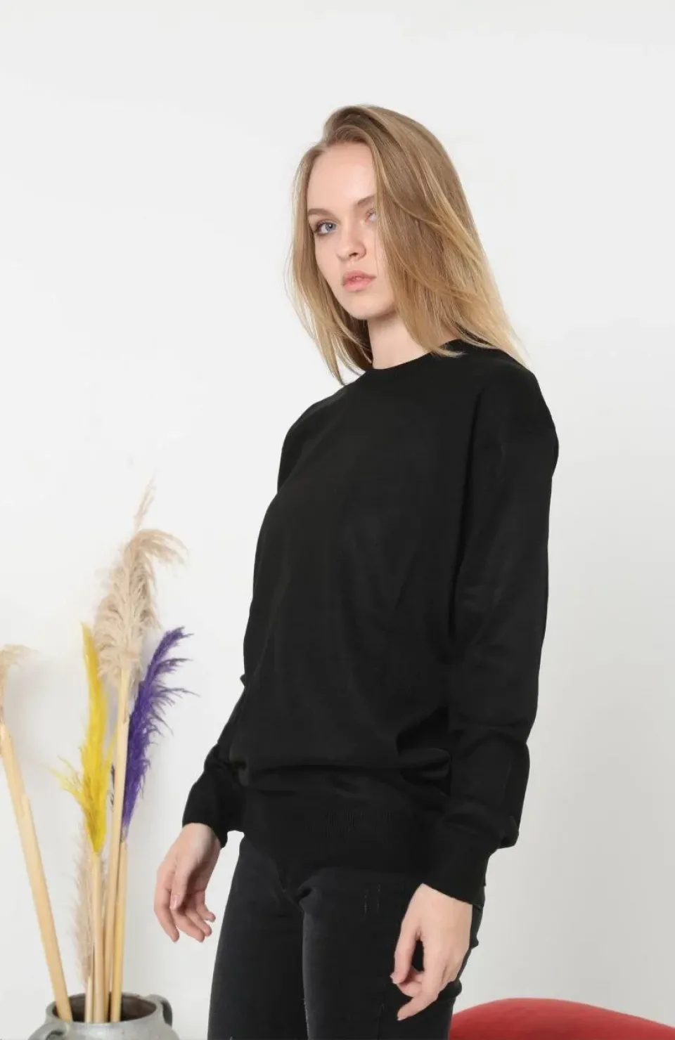 Unisex Uzun Kol Biskilet Yaka Dokuma Triko - Siyah