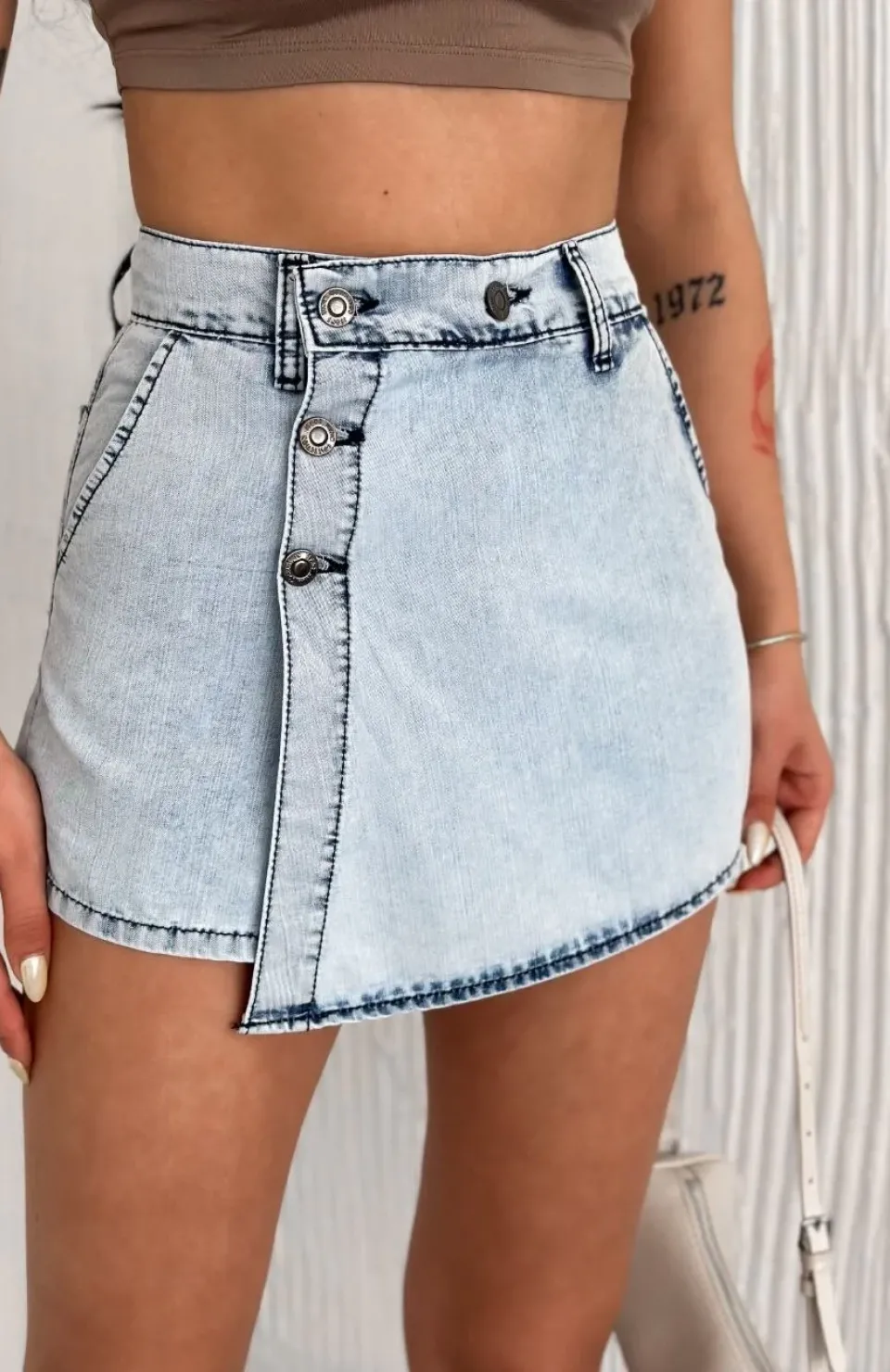 Kot Jeans Kesimetrik Kesim Cepli Şortlu Etek - Gri
