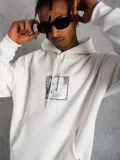 Erkek Ön Arka Baskılı Kapşonlu Sweat - Beyaz
