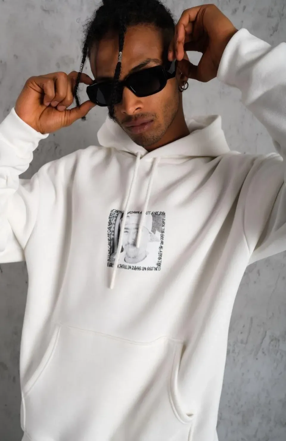Erkek Ön Arka Baskılı Kapşonlu Sweat - Beyaz