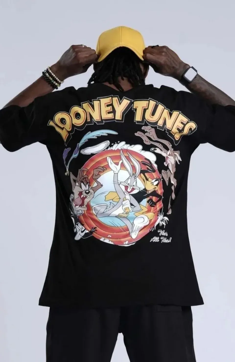 Unisex Bisiklet Yaka Baskılı Oversize T-Shirt - Siyah