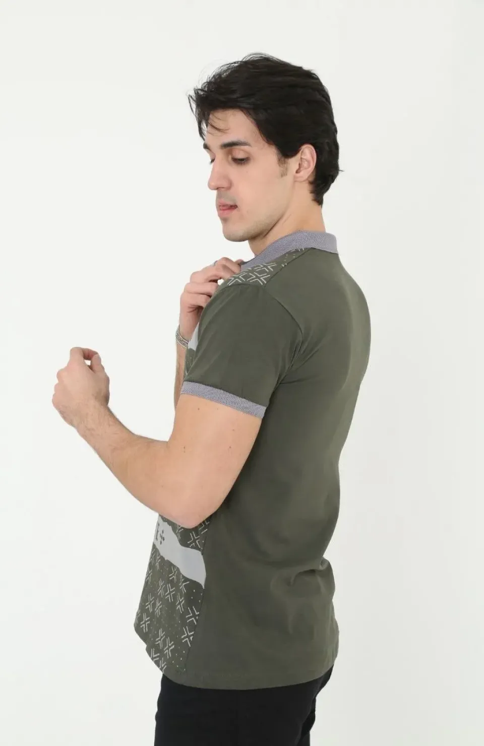 Erkek Yakalı Slim Fit Baskılı T-Shirt - Haki