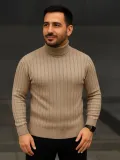 Erkek Balıkcı Yaka Bağazlı Triko Kazak Pamuklu Kalın Fitilli Dokuma, Regular Fit Uzun Kollu Kışlık Model - Bej
