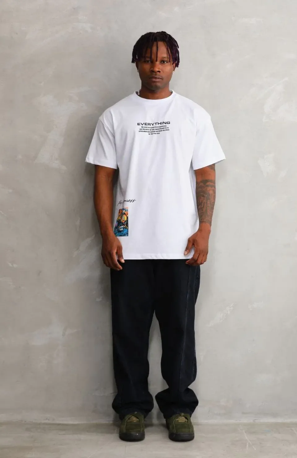 Unisex Bisiklet Yaka Baskılı Oversize T-Shirt - Beyaz