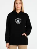 Kadın Kapşonlu Sweatshirt – Üç İplik Şardonlu Kumaş, Oversize Fit, Ön & Arka Baskılı, Kanguru Cepli, Kışlık Rahat Hoodie- Siyah