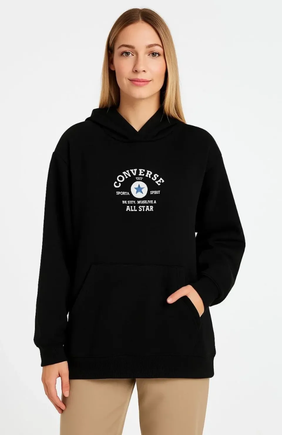 Kadın Kapşonlu Sweatshirt – Üç İplik Şardonlu Kumaş, Oversize Fit, Ön & Arka Baskılı, Kanguru Cepli, Kışlık Rahat Hoodie- Siyah