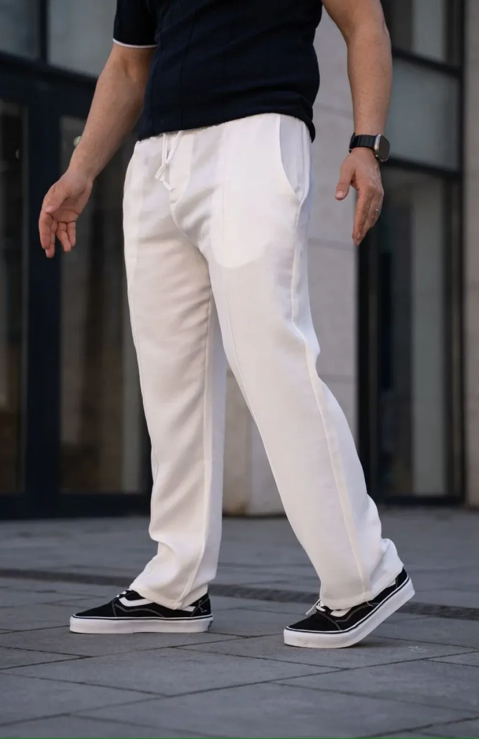 Erkek Keten Cepli Çıma Dikişli jogger Buggy Pantalon Rahat kalıp - Beyaz