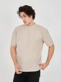 Unisex Waffle Kumaş Rahat Kol T-Shirt - Bej