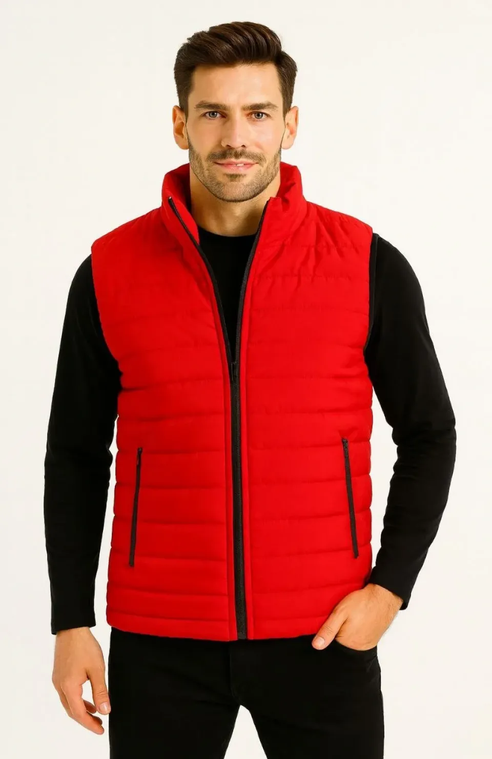 Erkek Şişme Fermuarlı Yelek Su itici Kapitone Astarlı Kumaş Cepli Hafif Kışlık Spor Rahat Kalıp - Kırmızı Somersan Giyim | Kadın, Erkek ve Çocuk Moda