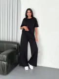 Osy Modal Yumuşak Dokulu Kumaş Bisiklet Yaka T-shirt Bol paça Pantalon ikili Takım -Siyah