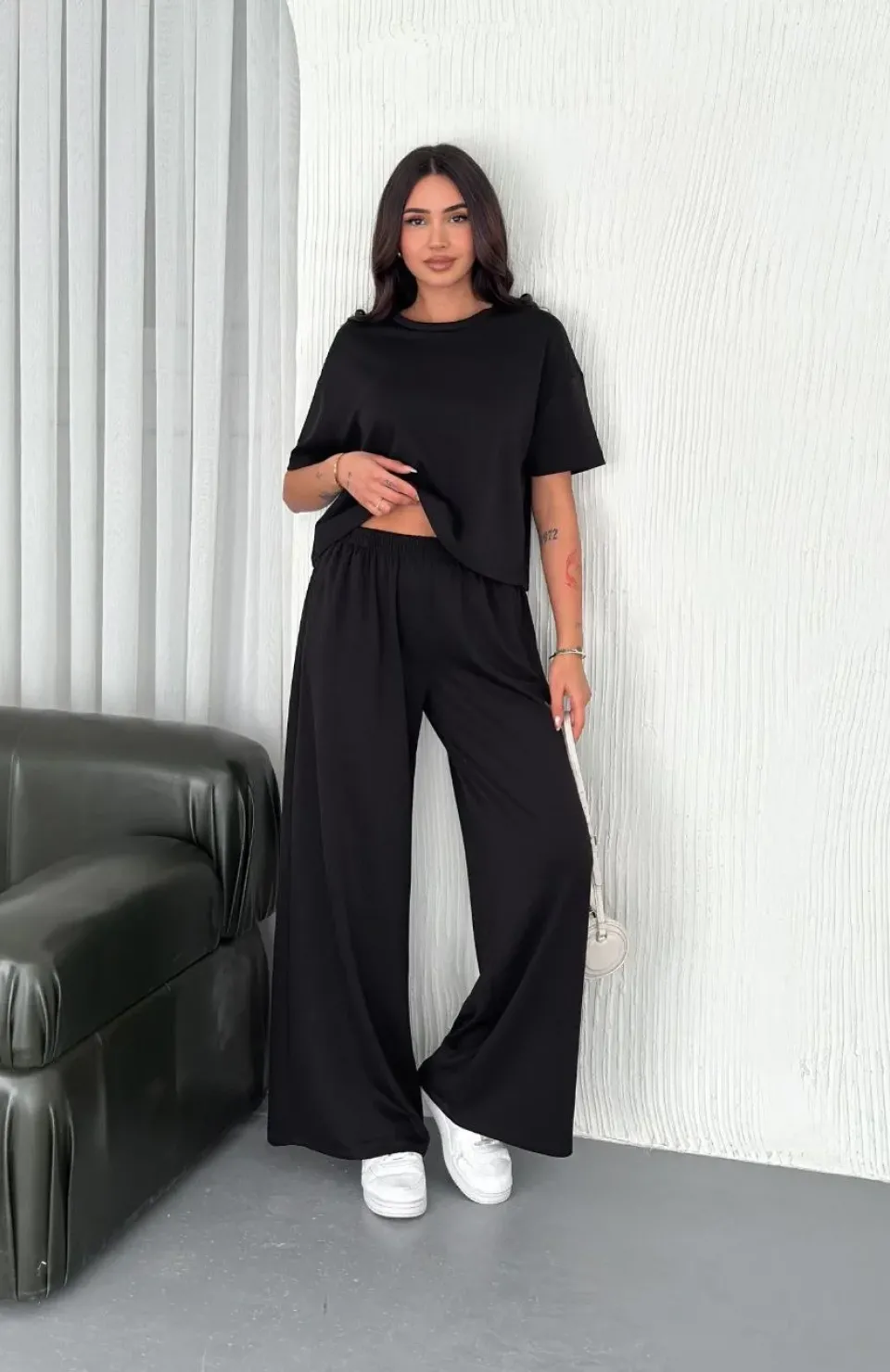 Osy Modal Yumuşak Dokulu Kumaş Bisiklet Yaka T-shirt Bol paça Pantalon ikili Takım -Siyah