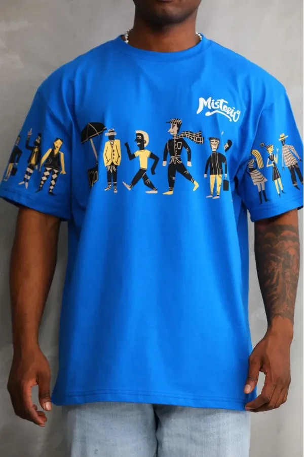 Unisex Bisiklet Yaka Baskılı Oversize T-Shirt - Mavi