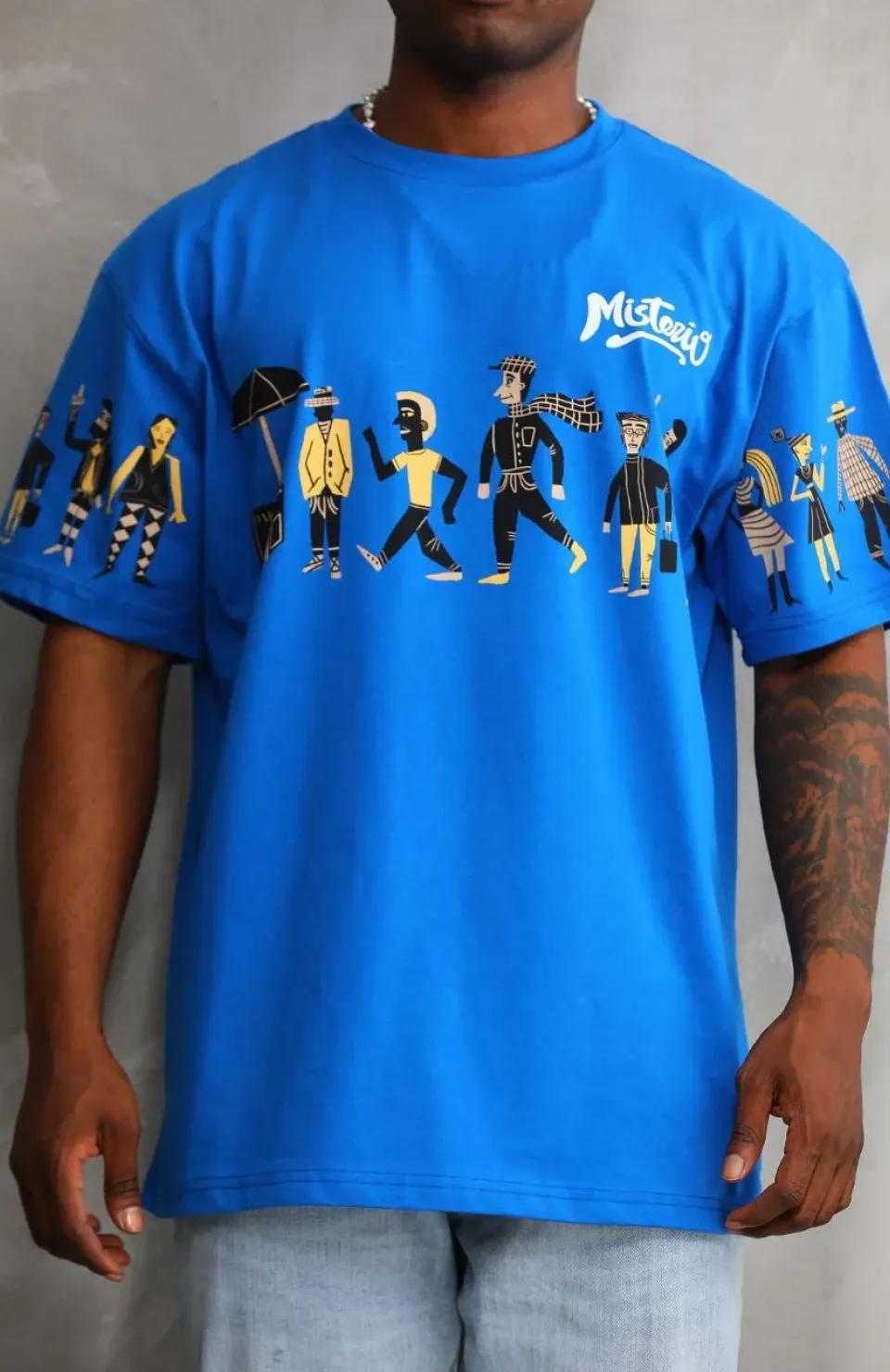 Unisex Bisiklet Yaka Baskılı Oversize T-Shirt - Mavi