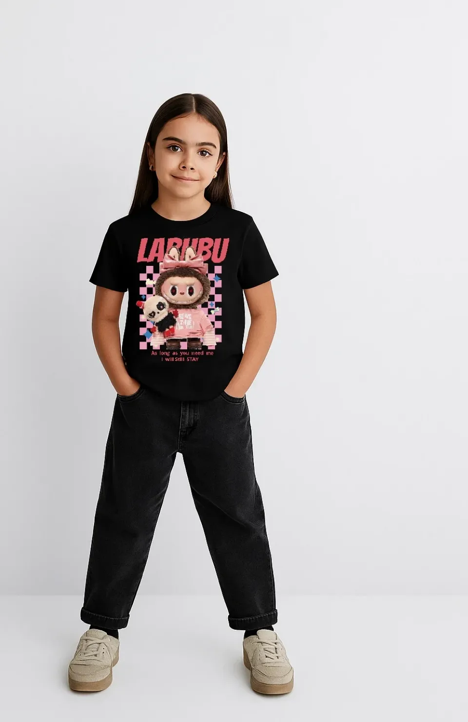 Kız Labubu Çocuk Baskılı T-Shirt - Siyah