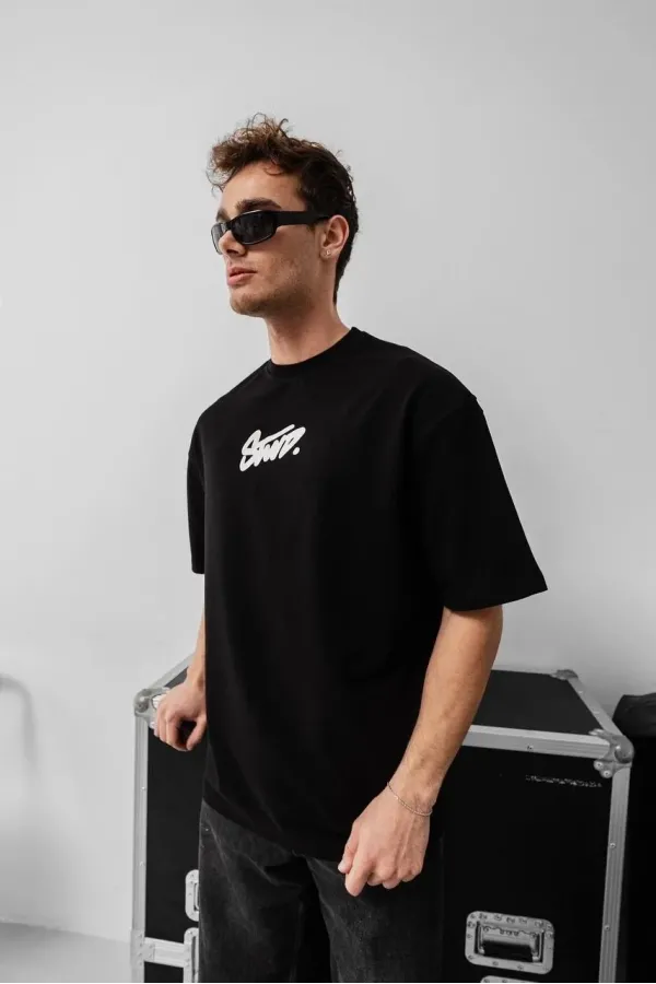 Erkek Baskılı Oversize T-shirt - Siyah