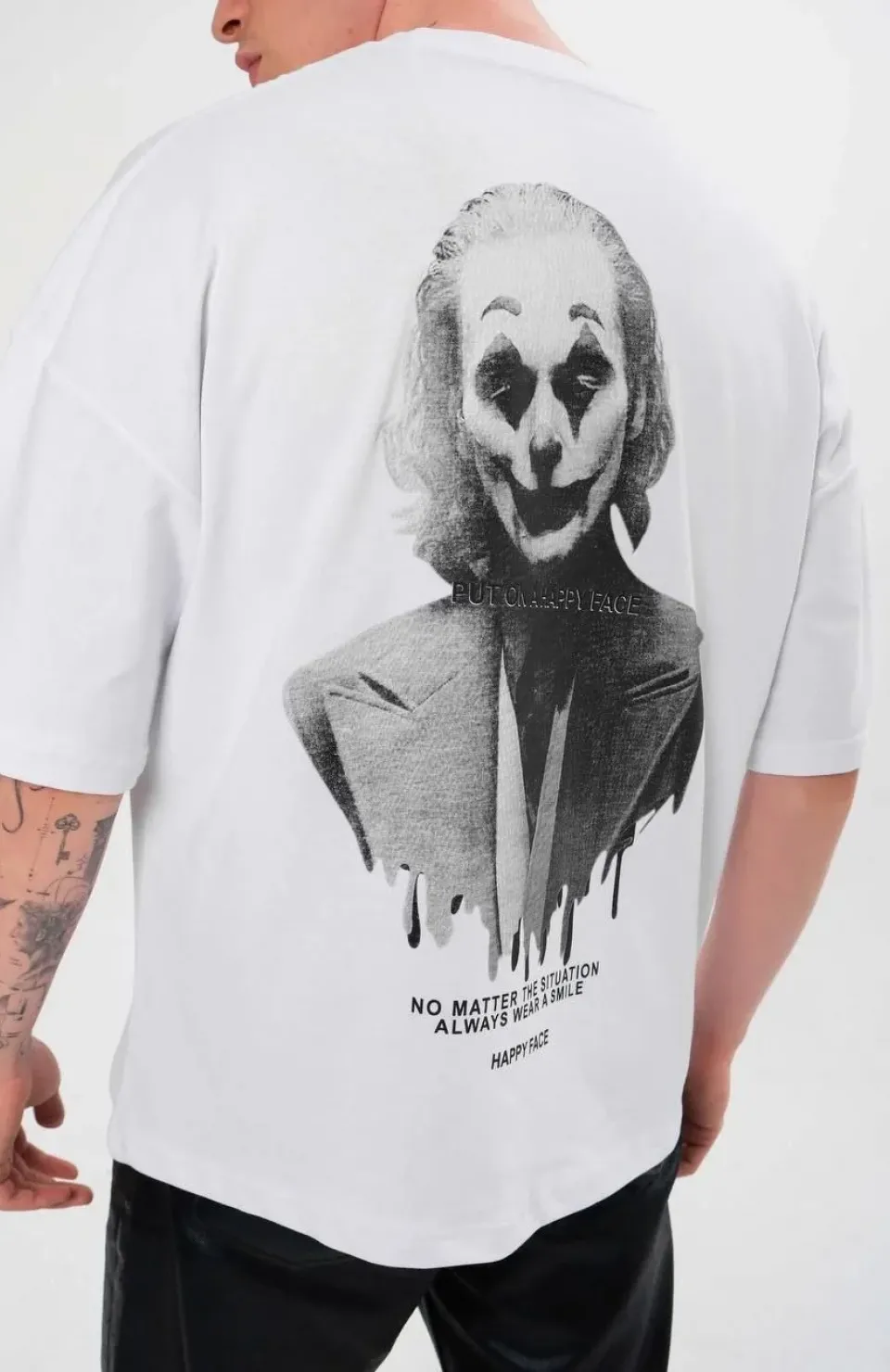 Unisex Bisiklet Yaka Baskılı Oversize T-Shirt - Beyaz