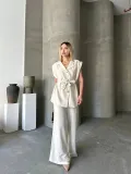 Keten Sıfır Kol Kuşaklı Ceket Pantolon ikili Takım - Beyaz