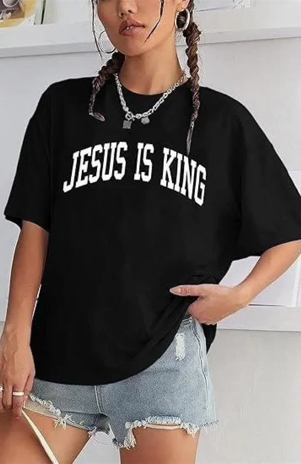 Kadın Bisiklet Yaka Kısa Kol Baskılı T-shirt - Siyah