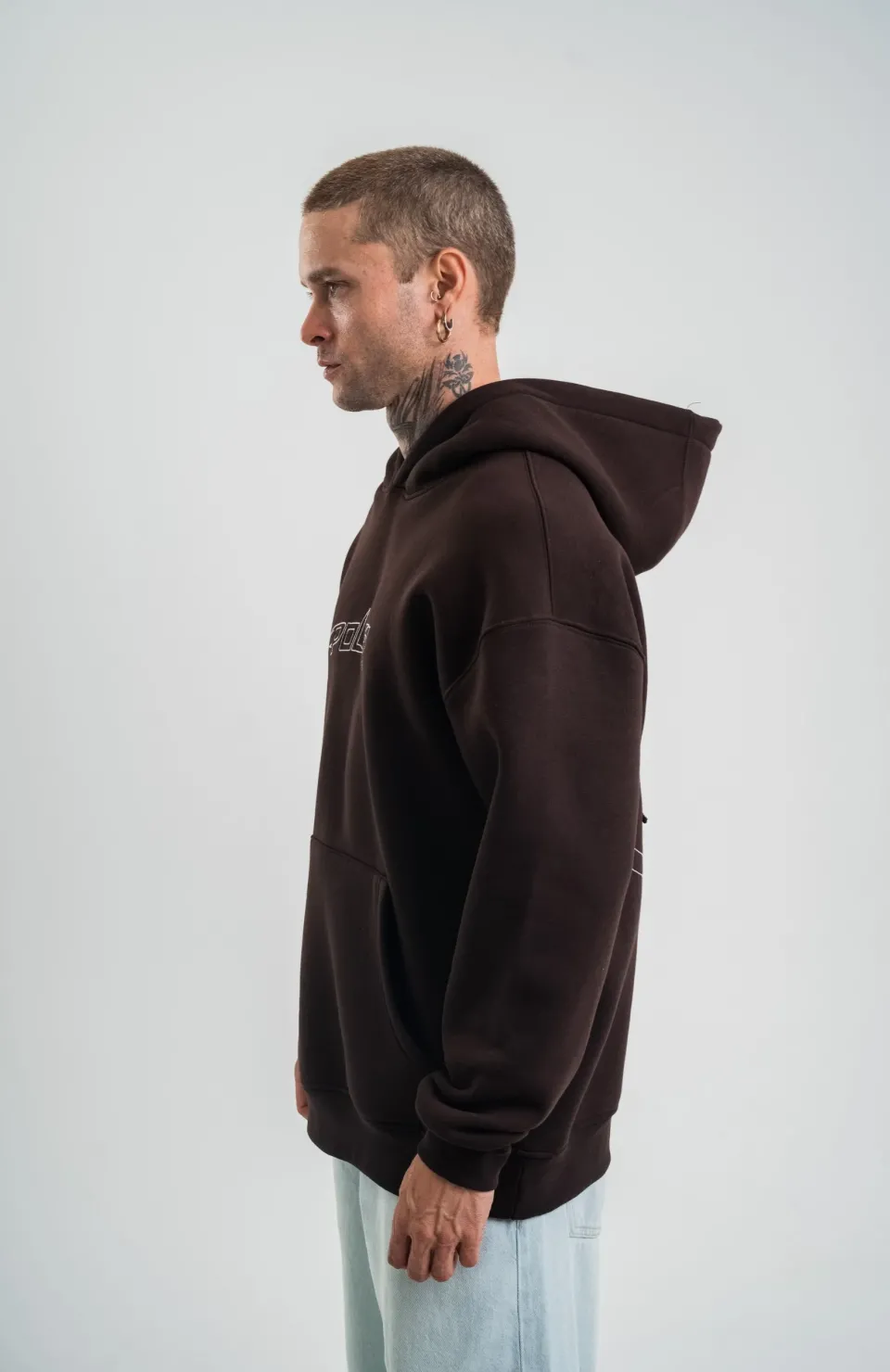 Unisex Üç İplik Kapşonlu Nakışlı SweatShirt - Kahve