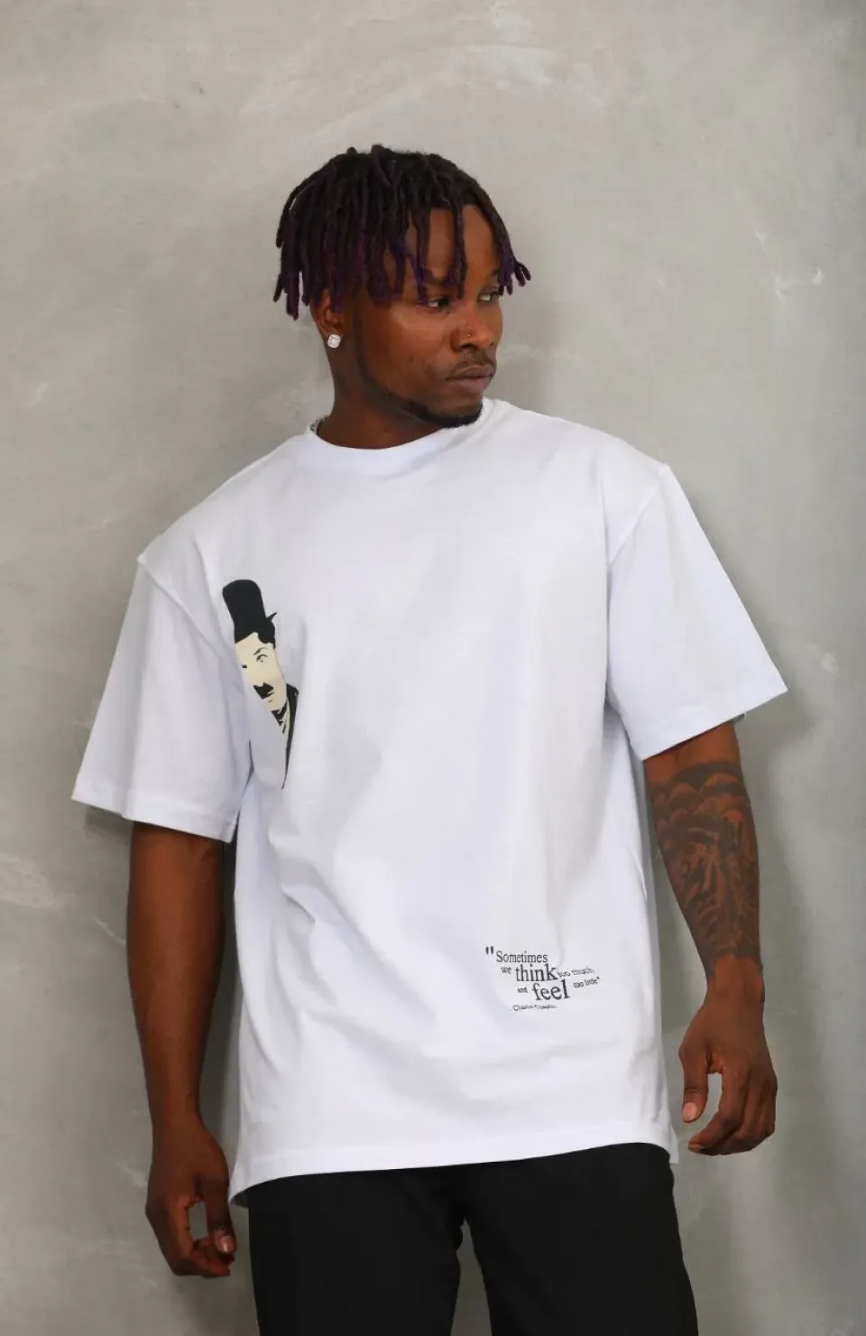 Unisex Oversize Baskılı Bisiklet Yaka T-Shirt - Beyaz