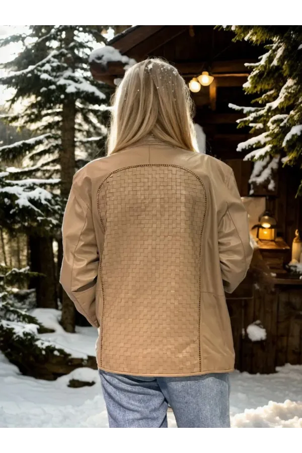 Kadın Fileli Deri Ceket - Krem