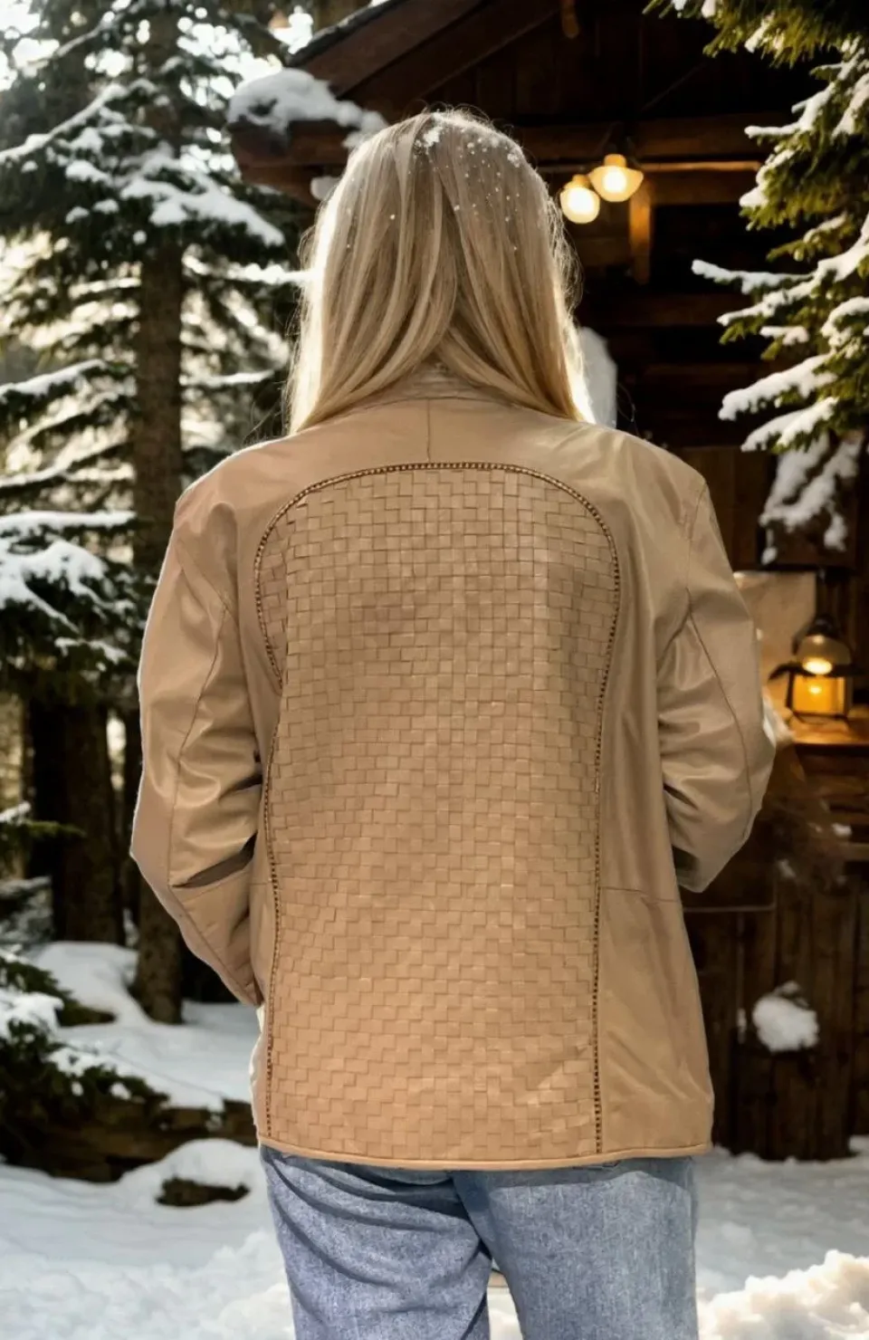 Kadın Fileli Deri Ceket - Krem