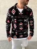 Erkek Yarım Fermuarlı Desenli Polar Sweat Tribal Etnik Desen Yakalı, Uzun Kollu, Oversize Rahat Kalıp, - Siyah