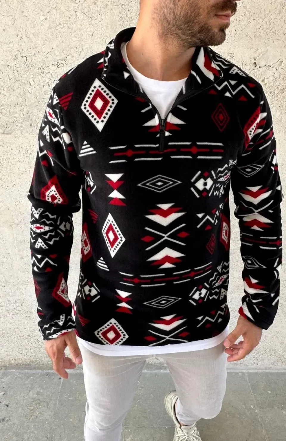 Erkek Yarım Fermuarlı Desenli Polar Sweat Tribal Etnik Desen Yakalı, Uzun Kollu, Oversize Rahat Kalıp, - Siyah